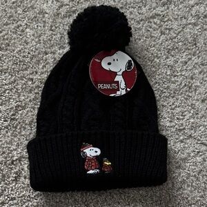 Black Peanuts pom Beanie cap with Snoopy woodstock in jackets Embroidery